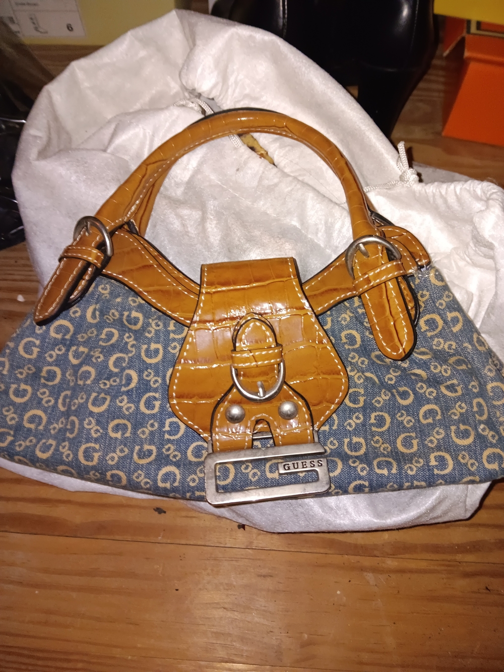 Guess Blue Monogram Denim Satchel with Tan Patent Croco Trim